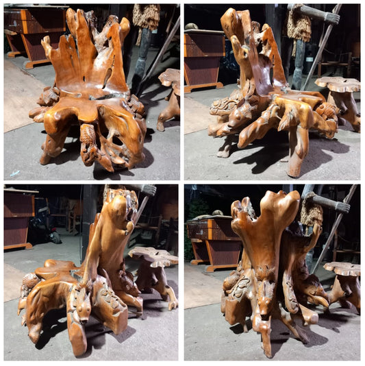 Teak root chair with fish carvings